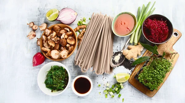Asian food background. Asian vegetarian cooking ingredients. Top view