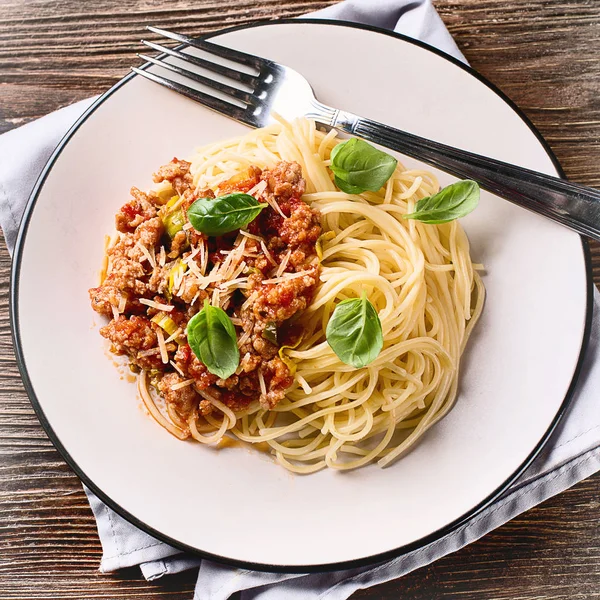 Spaghetti Bolognese Italienska Hälsosam Mat Ovanifrån — Stockfoto