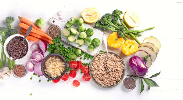 Stilleven Van Gezond Voedsel Koken Ingrediënten Witte Achtergrond — Stockfoto
