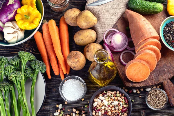 Still Life Fresh Ingredients Healthy Cooking Rustic Wooden Background — Stock Photo, Image