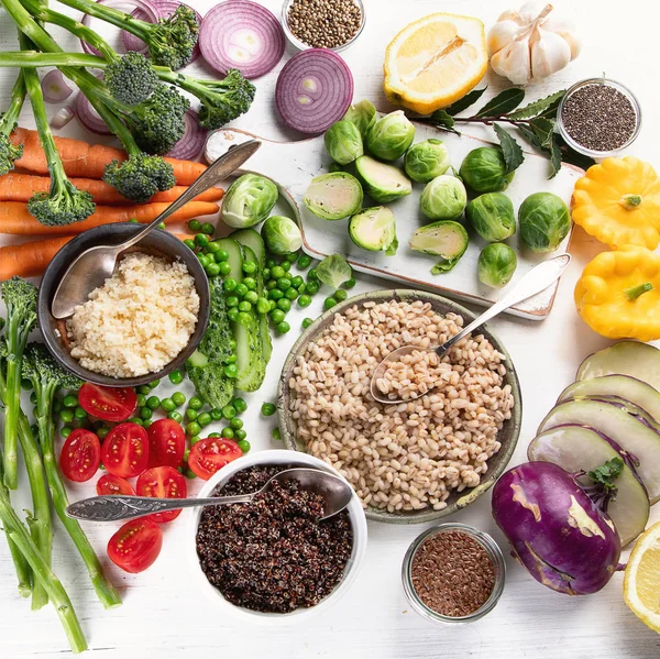 Clean Vegan Vegetarian Balanced Eating Ingredients Cooking White Background — Stock Photo, Image