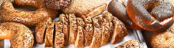 Panoramic View Fresh Wholegrain Mixed Bread Rustic Wooden Table — Stock Photo, Image