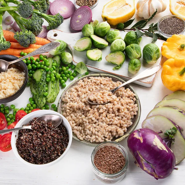 Clean Vegan Vegetarian Balanced Eating Ingredients Cooking White Background — Stock Photo, Image
