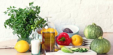 Sağlıklı pişirme arka plan. Temizlik ve yemek diyet. Seçici odak