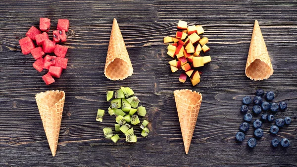 Assorted Fruits Berries Waffle Cones Healthy Dessert Flat Lay — Stock Photo, Image