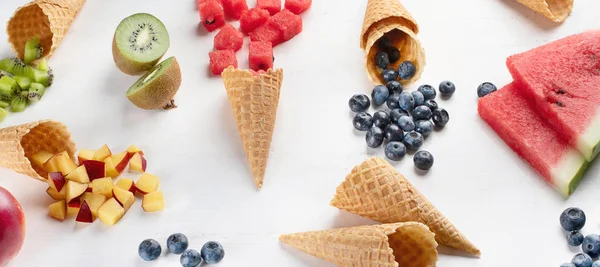 Assorted Fruits Berries Waffle Cones Healthy Dessert Flat Lay — Stock Photo, Image