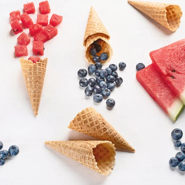 Assorted Fruits Berries Waffle Cones Healthy Dessert Flat Lay — Stock Photo, Image