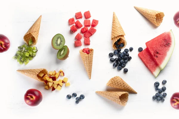 Assorted Fruits Berries Waffle Cones Healthy Dessert Flat Lay — Stock Photo, Image