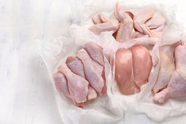 Çiğ tavuk eti. Üstten görünüm. Sağlıklı bir diyet yemek