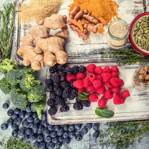 Různé Superpotraviny Zdravé Stravovací Koncept Vegetariánské Veganské Jídlo — Stock fotografie