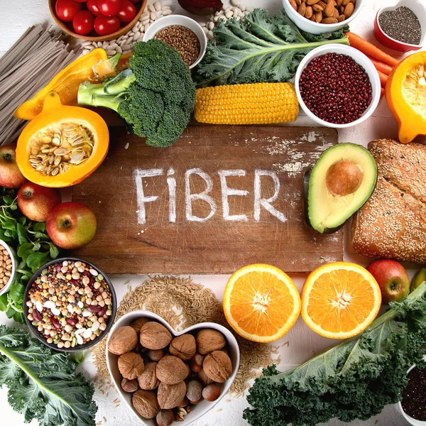 高纤维食物 健康均衡的节食理念 顶部视图 — 图库照片