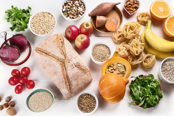 Alimentos Ricos Carbohidratos Comida Saludable Vista Superior — Foto de Stock