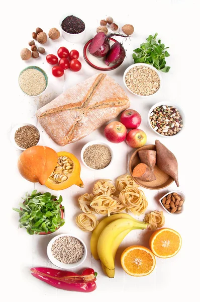 Foods high in carbohydrates. Healthy food. Top view