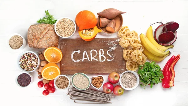 Alimentos Ricos Carbohidratos Comida Saludable Vista Superior — Foto de Stock