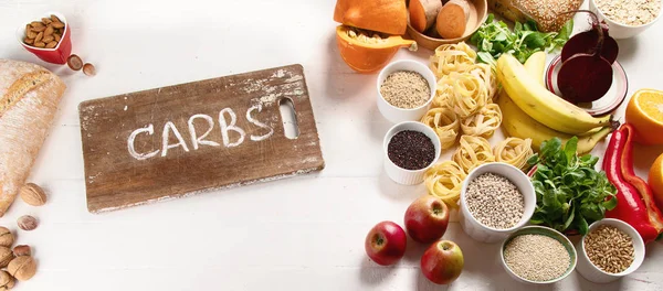 Alimentos Ricos Carbohidratos Comida Saludable Vista Superior —  Fotos de Stock