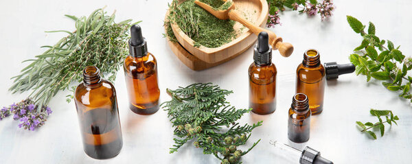 Bottles of essential oils. Herbal medicine. Aromatherapy.