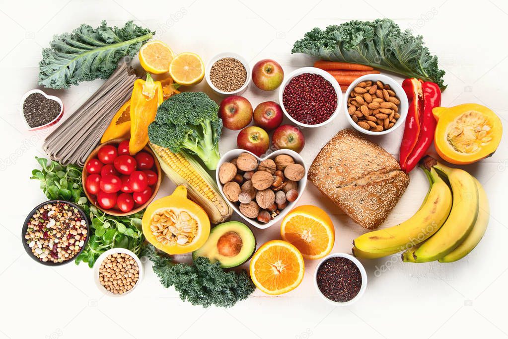 High Fiber Foods. Healthy balanced dieting concept. Top view