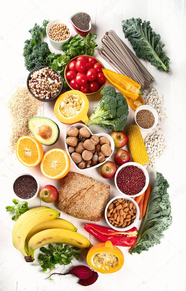 High Fiber Foods. Healthy balanced dieting concept. Top view