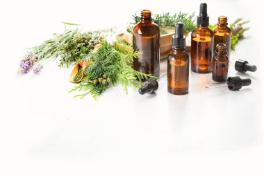 Uçucu yağlar şişe. Bitkisel ilaç. Aromaterapi.