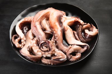 Ham ahtapot. Deniz ürünleri. Kopya alanı ile üstten görünüm