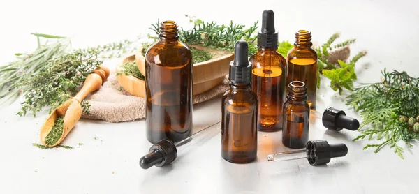 Bottles Essential Oils Herbal Medicine Aromatherapy — Stock Photo, Image