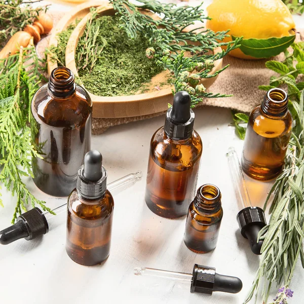 Bottles Essential Oils Herbal Medicine Aromatherapy — Stock Photo, Image