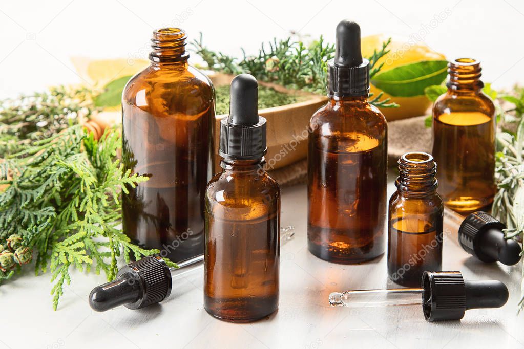 Bottles of essential oils. Herbal medicine. Aromatherapy.