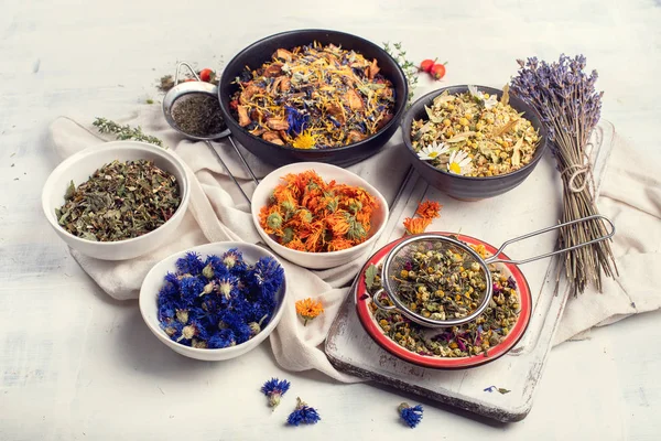 Plethora of herbs and dried flowers in bowls with sieve