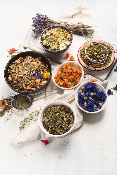Different herbs and dried flowers in bowls with sieves