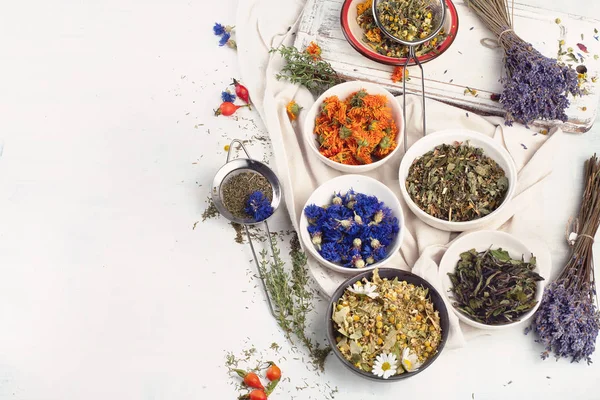 Beyaz Arka Plan Üzerinde Çeşitli Bitkisel Çay Maddeler — Stok fotoğraf