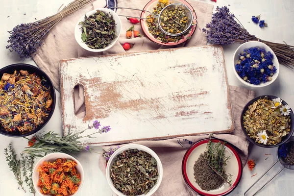 Vari Ingredienti Tisane Con Lavagna Legno — Foto Stock