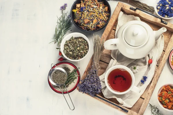 Kräutertee Mit Verschiedenen Kräutern Auf Weißem Hintergrund — Stockfoto