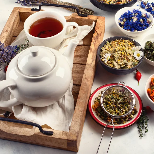 Brewed Herbal Tea Bowls White Table — Stock Photo, Image