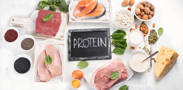 Vedere Sus Ingredientelor Bogate Proteine Fundal Alb — Fotografie, imagine de stoc