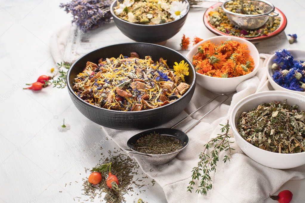 Various herbal tea ingredients in bowls on white background