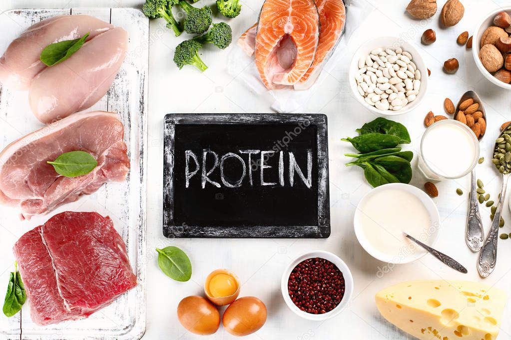 Top view of raw high protein food on white background