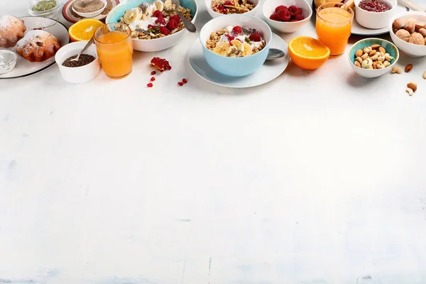 Healthy breakfast ingredients for perfect morning on white background