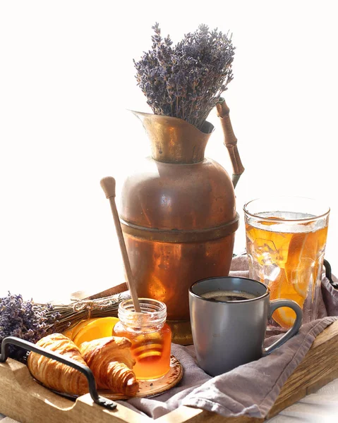 Box Fruits Croissants Vase Lavender Breakfast Table — Stock Photo, Image