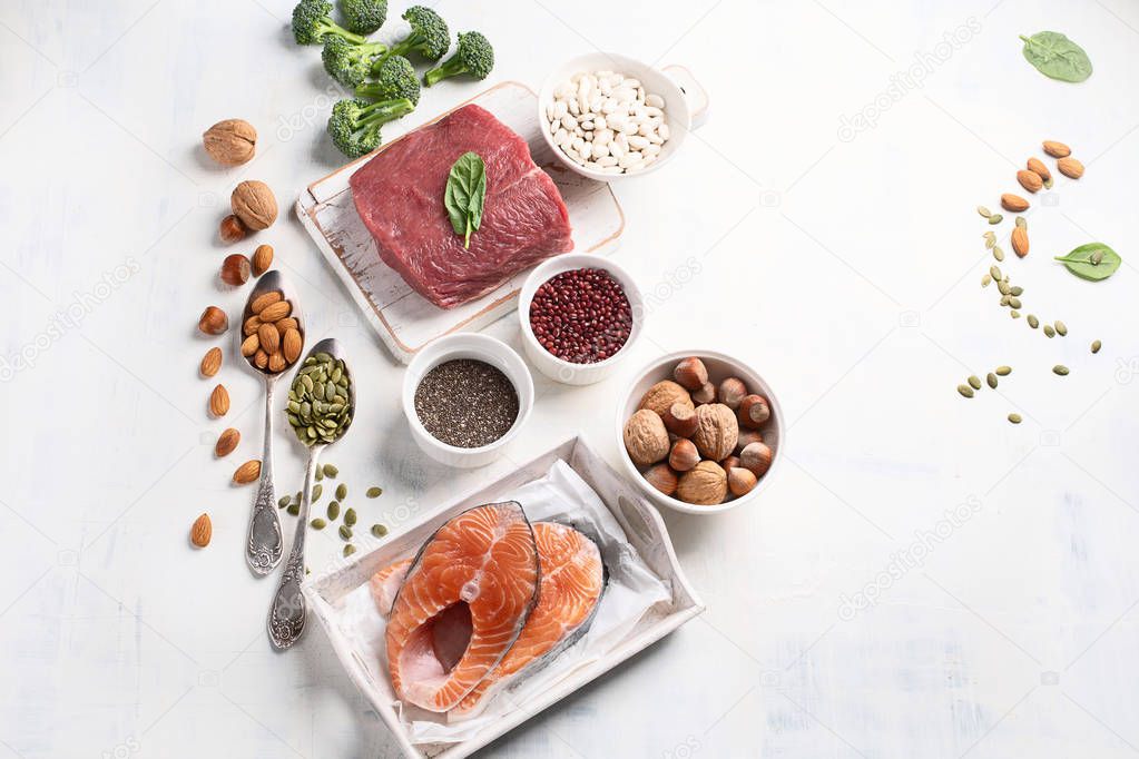 Top view of healthy food on white background