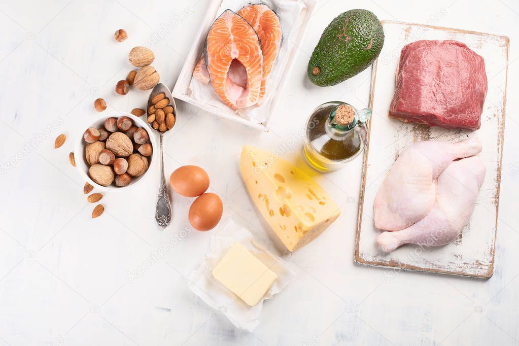 Top view of high protein ingredients on white background