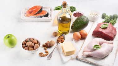 Ketogenic düşük karbonhidrat diyeti. Sağlıklı yemek yeme. Üstten görünüm