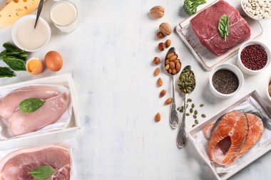 Yüksek proteinli besinleri. Üstten görünüm. Kavramı kopya alanı ile yeme sağlıklı.