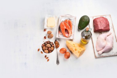Ketogenic düşük karbonhidrat diyeti. Sağlıklı yemek yeme. Kopya alanı ile üstten görünüm