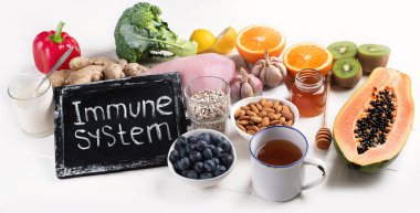 Health  food to boost immune system. Hgh in antioxidants, minerals and vitamins. Top view clipart