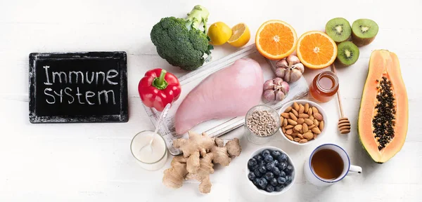Egészségügyi Élelmiszer Fellendítése Immunrendszert Hgh Antioxidánsok Ásványi Anyagok Vitaminok Felülnézet — Stock Fotó
