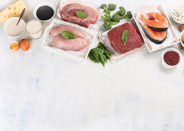高蛋白食品 具有复制空间的顶部视图 健康饮食理念 — 图库照片