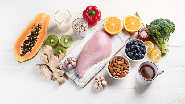 Health  food to boost immune system. Hgh in antioxidants, minerals and vitamins. Top view