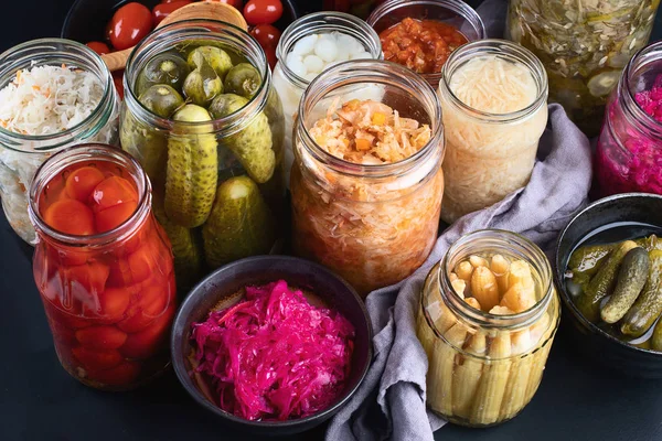 Fermented Preserved Food Marinated Pickles Vegetables Glass Jars — Stock Photo, Image