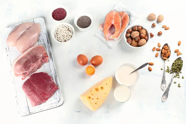 Alimente Bogate Proteine Top View Conceptul Alimentație Sănătoasă — Fotografie, imagine de stoc