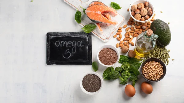 Tartalmazó Élelmiszerek Omega Zsírsavak Legmagasabb Szinten Szemközti Nézet Másol Hely — Stock Fotó